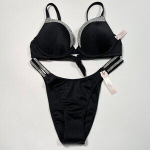Victoria Secret 32D M VERY SEXY Push Up Bikini Top Bottom Set Shine Strap Black